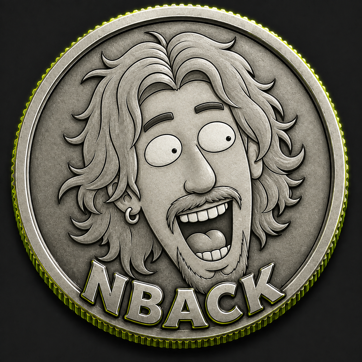 Silver NBACK token logo embossed with the cartoon frontman
